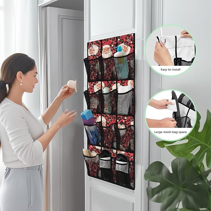 Santa Claus Behind Door Organizer for Merry Christmas Home Decor Mesh Fabric Door Hanging Shoe Organizer for Living 12 Pockets with 4 Metal Hook Multi-Funtion Storage Bag