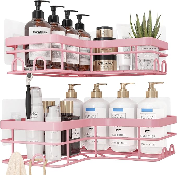 Sakugi Corner Shower Caddy - 2 Pack, Adhesive Shower Organizers, Rustproof Stainless Steel Shower Shelves with 8 Hooks, No Drilling Bathroom Organizers and Storage Racks, Space-Saving, Pink, X-Large