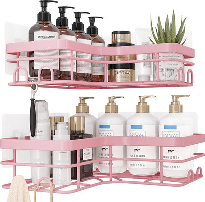 Sakugi Corner Shower Caddy - 2 Pack, Adhesive Shower Organizers, Rustproof Stainless Steel Shower Shelves with 8 Hooks, No Drilling Bathroom Organizers and Storage Racks, Space-Saving, Pink, X-Large