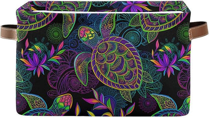 Large Storage Basket Bin Mandala Sea Turtle Storage Cube Box Foldable Canvas Fabric Collapsible Organizer with Handles for Home Office Closet