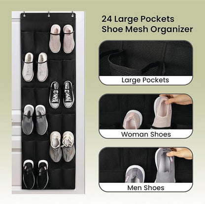 VIMALIFE Over the Door Shoe Organizer with 24 Large clear Mesh Pockets, Space Saving Shoe Holder with Metal Hooks, Hanging Rack for Closet & Door Storage, Pantry Organizer, Home Accessories
