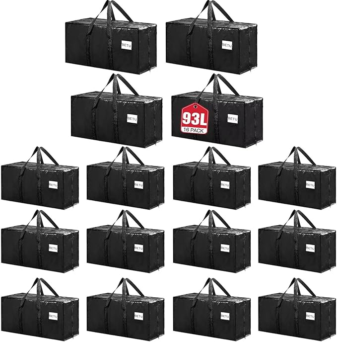 BETU 16 Pack Moving Bags Moving Storage College Dorm Camping Packing Travel PE Heavy Duty, Sturdy Handle, Zipper Large Storage Tote Bag Moving Boxes Box Alternative - Black 29L x 14W x 13H