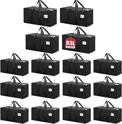 BETU 16 Pack Moving Bags Moving Storage College Dorm Camping Packing Travel PE Heavy Duty, Sturdy Handle, Zipper Large Storage Tote Bag Moving Boxes Box Alternative - Black 29L x 14W x 13H