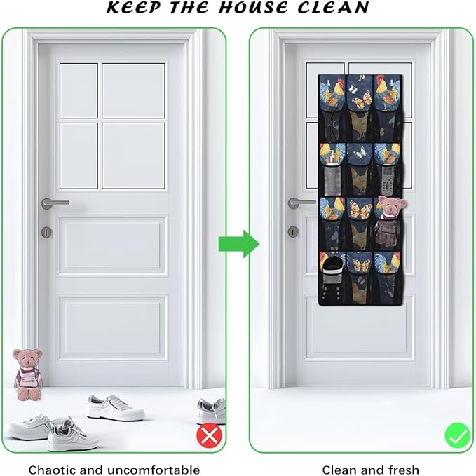 Over The Door Shoe Organizer, 12 Large Clear Mesh Pockets, Space Saving Hanging Storage Holder, Hangs On Closets for Shoes, Accessories,Roosters