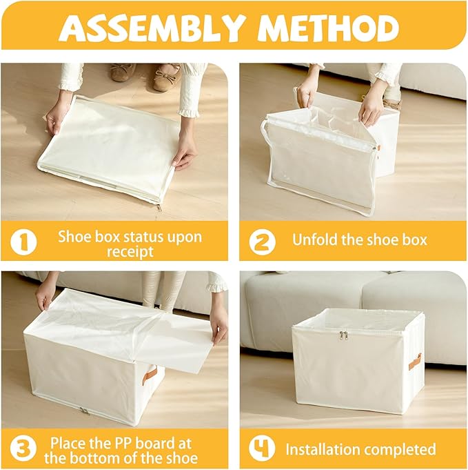 VZZNN 4 Pack Shoe Organizer for Closet - with Transparent Cover and Sturdy Handles shoe storage - Foldable Shoe Storage Containers Fits to 36-48 Pairs 4 Pack (Beige)