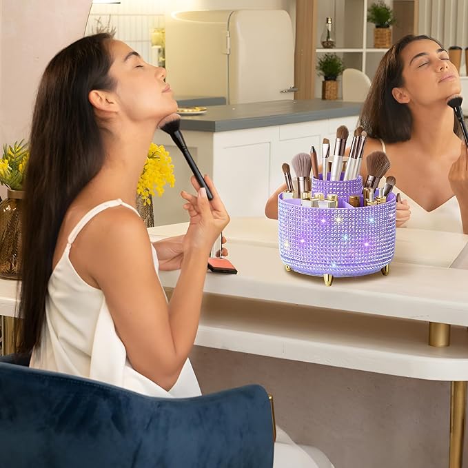 Diesisa Bling Makeup Organizer: 360°Rotating Bling Rhinestone Cosmetic Display Cases -Diamond Makeup Brush Holder - 5 Slot Cup for Cosmetics - Bling Lipstick Organizer - Gift for Women -Diamond Purple