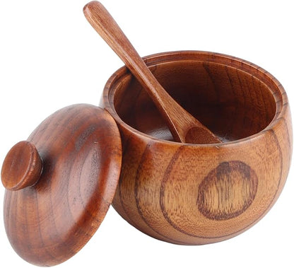 Wood Salt Pepper Bowl, Spice Box with Lid Spoon Salt Cellar Keeper Spice Bowls Cooking Sugar Holder for Kitchen Seasoning Container Holder