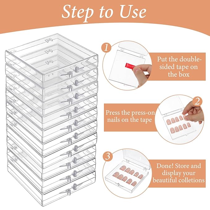 50PCS Press On Nail Storage Boxes Clear Plastic Fake Nail Tips Display Case with 150Pcs Adhesive Double Sided Tape Empty Packaging Boxes Container for Home Beauty Nail Art Business Salon
