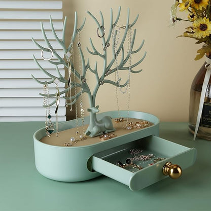 MORE&LESS Antlers Jewelry Display Stand with Aluminium alloy handle, Tree Tower Rack Hanging Organizer for Ring Earrings Necklace Bracelet, Deer Horn Tree Stand with Storage Drawer and Tray