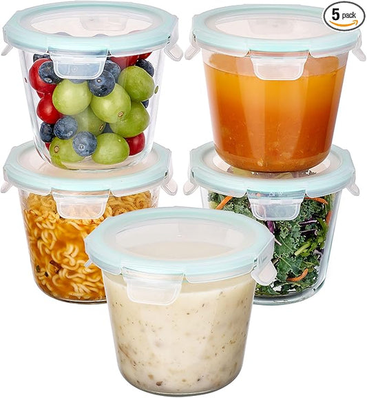 Vtopmart 5Pack 24oz Glass Storage Containers with Lids, Glass Meal Prep Food Container Sets with Snap Airtight Lids for Microwave, Oven, Freezer and Dishwasher, Green, Round