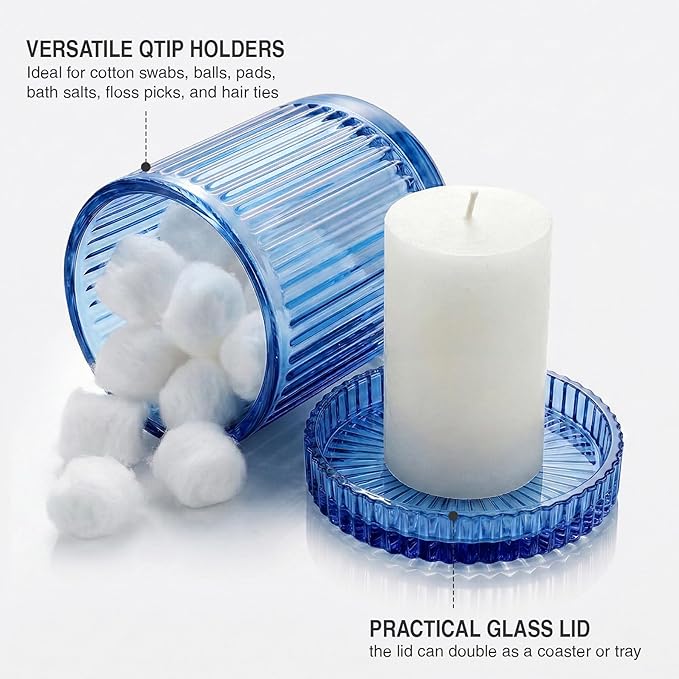 2 Pack Qtip Holder - Apothecary Jars with Lids, Bathroom Organizers and Storage Canister for Cotton Balls,Swabs,Floss Picks,Hair Ties,Clear Glass Vintage Bathroom Decor Jar Set (Blue2)