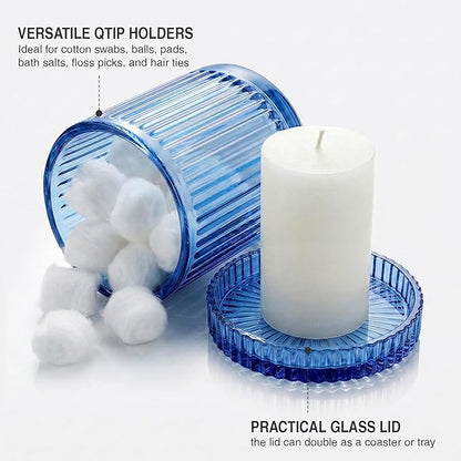 2 Pack Qtip Holder - Apothecary Jars with Lids, Bathroom Organizers and Storage Canister for Cotton Balls,Swabs,Floss Picks,Hair Ties,Clear Glass Vintage Bathroom Decor Jar Set (Blue2)