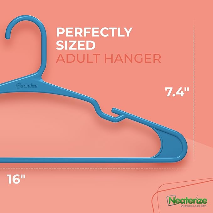NEATERIZE Clothes Hangers Plastic 50 Pack for Adults - Plastic Hangers, The Perfect Coat Hanger and Space Saving Clothes Hangers for Closet, Percheros Ganchos para Colgar Ropa Hangars - Blue Hangers