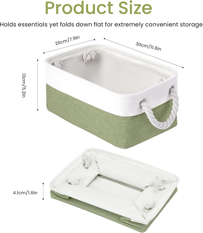 Storage Baskets for Shelves 11.8x7.9x5.2 Inch, Foldable Fabric Storage Bins with Handles, Small Storage Baskets for Organizing Closet, Office, Home Organization (6-Pack, White&Green)