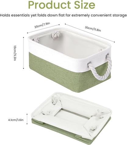 Storage Baskets for Shelves 11.8x7.9x5.2 Inch, Foldable Fabric Storage Bins with Handles, Small Storage Baskets for Organizing Closet, Office, Home Organization (3-Pack, White&Green)