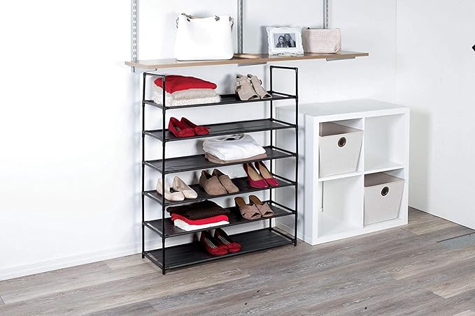 J&V TEXTILES Stackable Shoe Storage and Organizer Racks 4-Tier 6-Tier Over The Door or Stackable (Black 6-Tier)