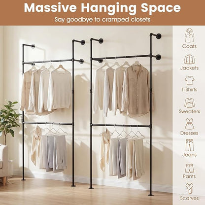 Giantex Industrial Pipe Clothing Rack, 42" Wall Mounted Heavy-Duty Metal Garment Organizer with 2 Hanging Rods, 2-Tier Walk-in Closet System for Wardrobe Closet, Retail Display