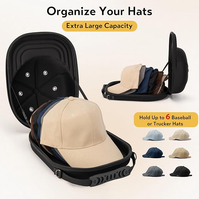Hat Travel Case, Hat Carrier Travel Case with Adjustable Shoulder Strap, Hat Organizer Baseball Caps Holder for 6 Baseball Caps, Perfect for Traveling & Home Storage, Small