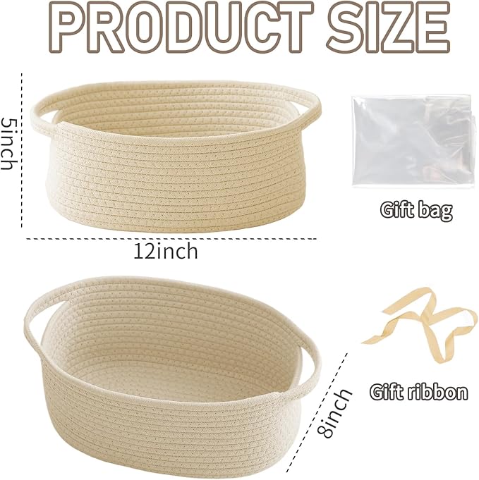 JMvicyroam Woven Basket,Small Rope Storage Bin with Handles & Ribbon Bag, Organizer for Shelves Closets,Gift Basket Empty for Birthday,Books,Dog Toys,Beige