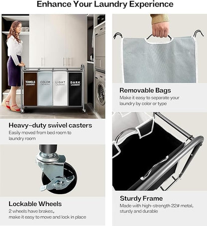 ROMOON Laundry Hamper Sorter Cart: 4-Section Organizer with Heavy-Duty Lockable Wheels and Removable Bags | 180L Rolling Laundry Basket for Dirty Clothes in Laundry Room or Small Spaces (Multicolor)