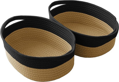 JMvicyroam Woven Basket,Small Rope Storage Bin with Handles & Ribbon Bag, Organizer for Shelves Closets,Gift Basket Empty for Birthday,Books,Dog Toys, Black&Jute/2 Pack