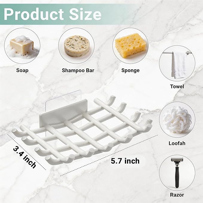 Bar Soap Holder for Shower Wall, Self Draining Plastic Bar Soap Dish Tray Container Case for Bathroom Sink, Adhesive Shower Soap Dish Holder Wall Mounted, White 2 Pack