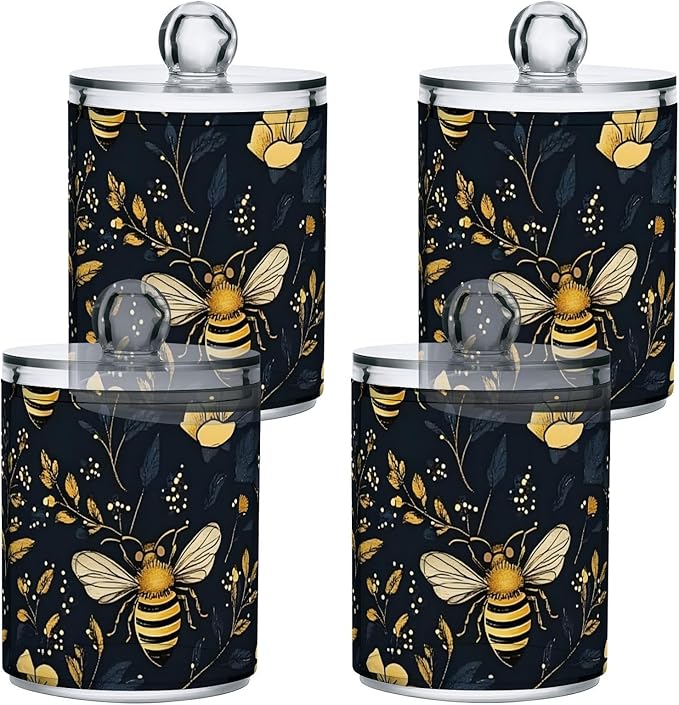 2 Pack Qtip Holder Dispenser for Cotton Ball Bumblebee Wildflowers Cotton Swab Round Pads Clear Plastic Acrylic Jar Set Bathroom Canister