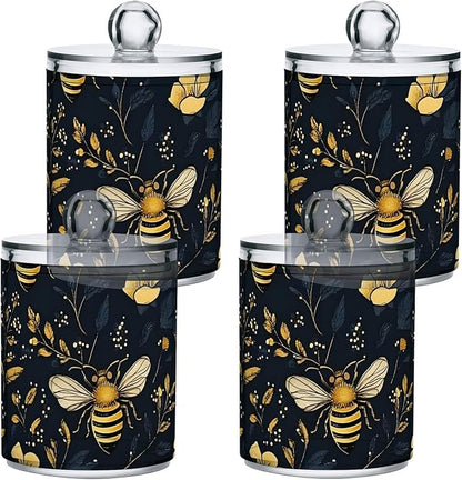 2 Pack Qtip Holder Dispenser for Cotton Ball Bumblebee Wildflowers Cotton Swab Round Pads Clear Plastic Acrylic Jar Set Bathroom Canister