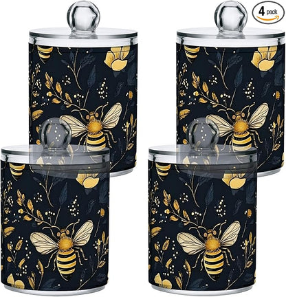 4 Pack Qtip Holder Dispenser Bumblebee Wildflowers Cotton Ball Cotton Swab Cotton Round Pads Floss Clear Bathroom Storage Containers Plastic Apothecary Jars with Lids