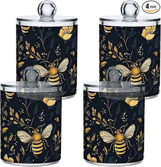 4 Pack Qtip Holder Dispenser Bumblebee Wildflowers Cotton Ball Cotton Swab Cotton Round Pads Floss Clear Bathroom Storage Containers Plastic Apothecary Jars with Lids