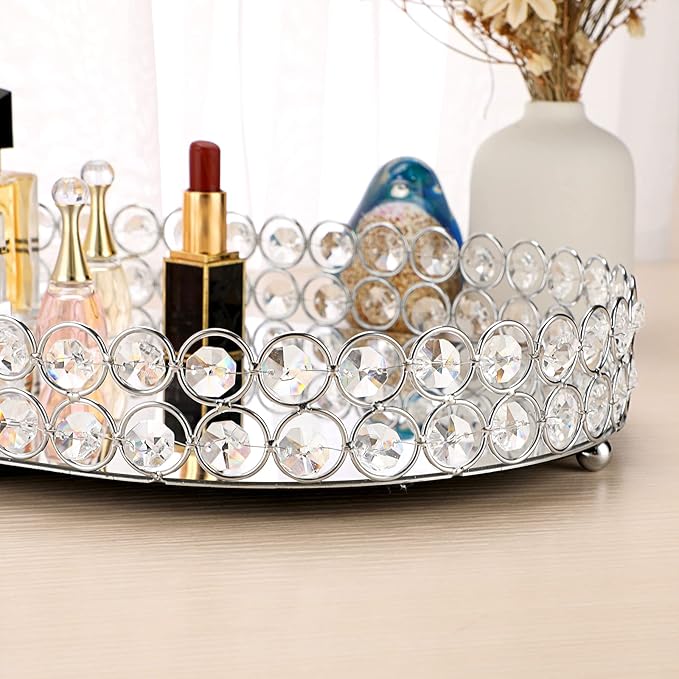 Hipiwe Crystal Vanity Tray, Mirrored Dresser Perfume Trays for Makeup Tray Cosmetic Skin Care Storage, Jewelry Trinket Organizer Tray for Bathroom Countertop Home Decor, Large