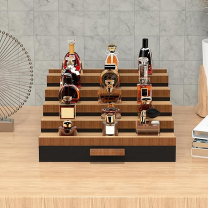 Wooden Cologne Organizer for Men 5 Tier of Perfume Display Holder of Drawer & 2 Hidden Compartments Larger Storage Space Mens Perfume Organizer Shelf Stand,Gift for Man (5T-Black Walnut)