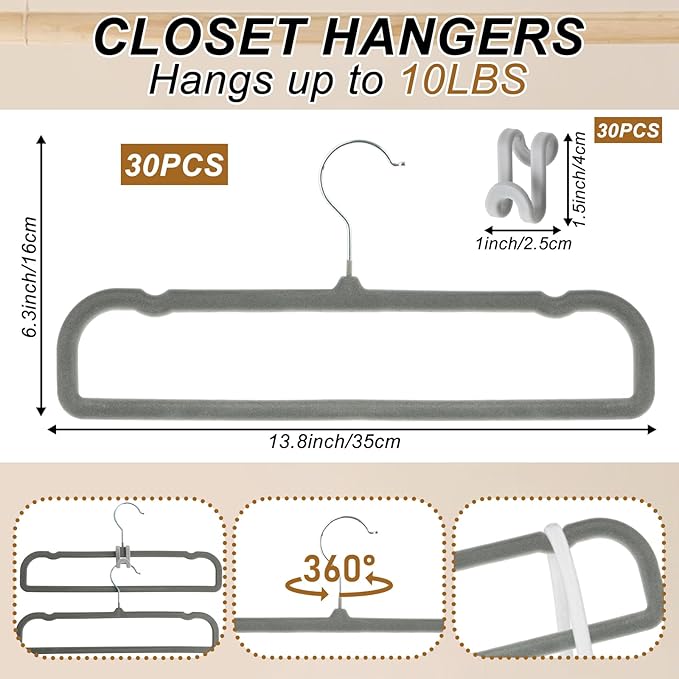 Pants Hangers Space Saving, 30 Pack Velvet Hangers for Closet with 30 Hooks, Strong Durable Non Slip Slim Clothes Hanger, Ultra Soft Flocked Hanger for Pants, Shirts, Bra, Shorts (Grey)