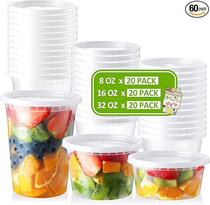 NEEBAKE 60 Set Deli-Containers-with-Lids: [8oz 16oz 32oz] Combo Plastic-Food-Storage-Containers-with-Lids, To-Go-Containers, Meal-Prep-Containers