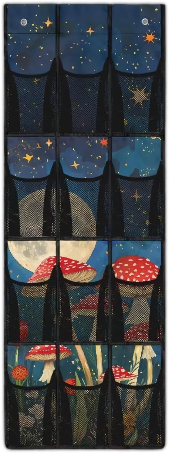 Moon Door Hanger Organizer 12 Pockets Over The Door Closet Organizer Space Saving Mushrooms Multi-Funtion Storage Bag for School