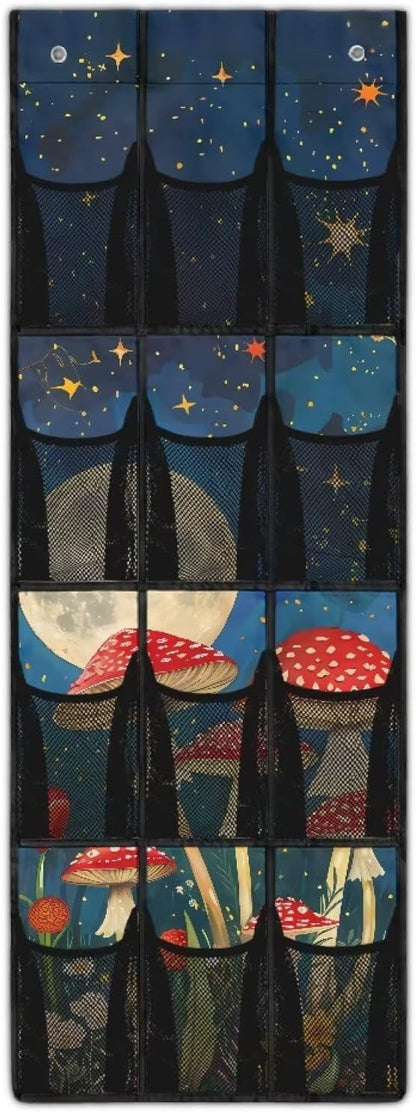 Moon Door Hanger Organizer 12 Pockets Over The Door Closet Organizer Space Saving Mushrooms Multi-Funtion Storage Bag for School