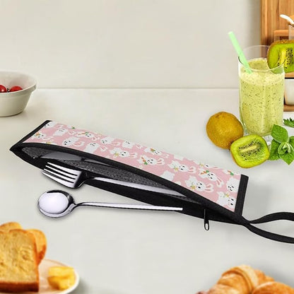 Cute Bunny Print Reusable Travel Tableware Carrying Bag Storage Case Cutlery Flatware Organziers for Straw Spoon Fork Chopsticks Portable Utensil Holder