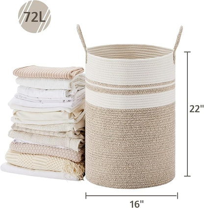 VIPOSCO Large Laundry Hamper, Tall Woven Rope Storage Basket for Blanket, Toys, Dirty Clothes in Living Room, Bathroom, Bedroom - 72L Brown & White