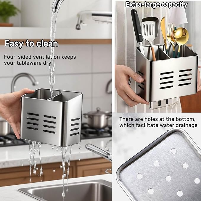 Stainless Steel Kitchen Utensil Holder for countertop, 2 Compartment Caddy & Organizer for Drying Cooking Spoons Utility Sturdy Home Kitchen Daily Use Utensil Drainer (Silver)
