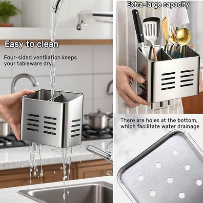 Stainless Steel Kitchen Utensil Holder for countertop, 2 Compartment Caddy & Organizer for Drying Cooking Spoons Utility Sturdy Home Kitchen Daily Use Utensil Drainer (Silver)