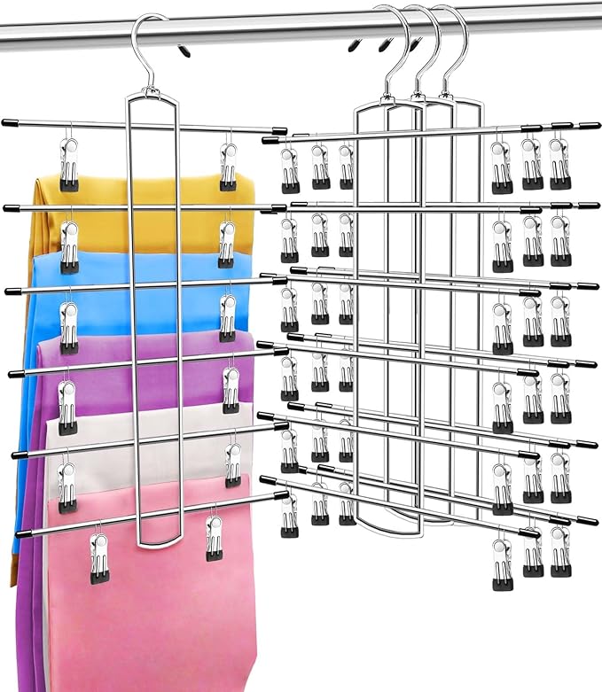 3 Pack Closet Organizers and Storage,6 Tiers Skirt Pants Hangers with Clips Space Saving for Home Organization and Storage,College Dorm Room Essentials for Girls Guys,Wardrobe Clothes Organizer