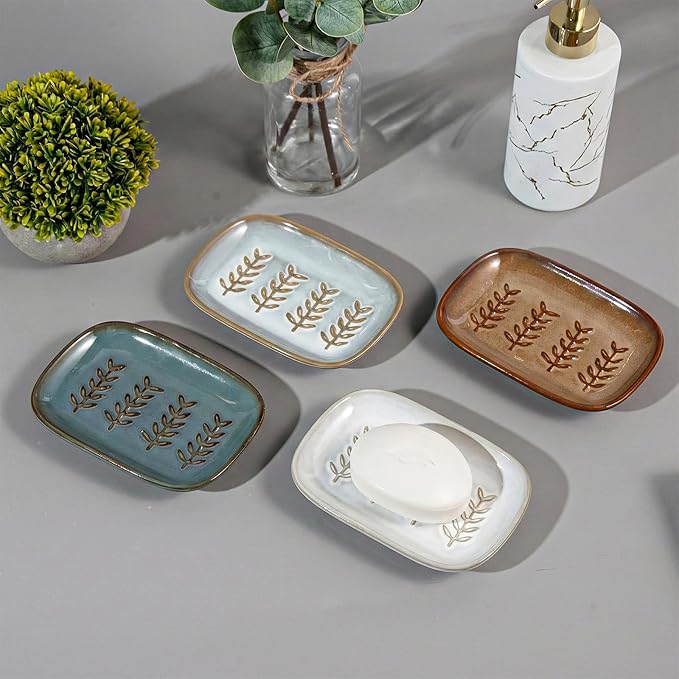 HighHerz Aesthetic Ceramic Soap Dish for Shower, Soap Holder with Raised Relief, Shower Soap Dish for Shampoo Bar Or Sponge, Soap Saver for Bathroom, Kitchen, Sink, Decorative Soap Tray (White)