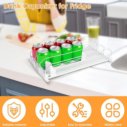 Drink Organizer for Fridge, Self-Sliding Soda Can Dispenser for Refrigerator, Width Adjustable Beverage Pusher Glide, 3 Rows Can Organizer with 12oz 16oz 20oz Soda Dispenser (White, 31CM3 Row)
