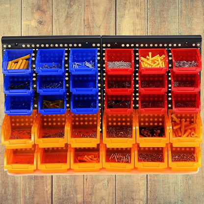 30-Bin Wall Mounted Storage Bins Kit, Tool Organizer Rack, Garage Hardware Organizer, Parts Storage Bins, DIY Combination 4 Set (Red & Blue & Orange Type)