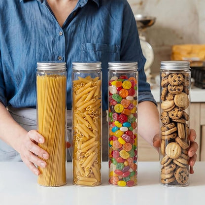 20 Pcs Plastic Jars with Lids 20 oz Plastic Food Storage Jar Spaghetti Containers Cylinder Containers with Screw on Lids for Dry Goods, Spice, Noodles, Spices and More(Silver)