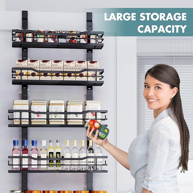 Eastherry Over The Door Pantry Organizer，6-Tier Over The Door Organizer with Adjustable Basket，Metal Hanging Pantry Organizers and Storage for Kitchen, Back of Door Seasoning Rack (Black)