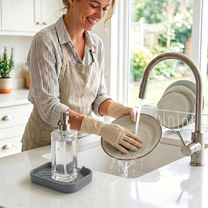 MicoYang Silicone Bathroom Soap Dishes with Drain Spout-Bathroom and Kitchen Sink Organizer,Sponge Holder,Dish Soap Tray,Perfect for Dispenser,Scrubber,Bottle,Cup on Sink or Counter-Grey 4.9"×3.2"
