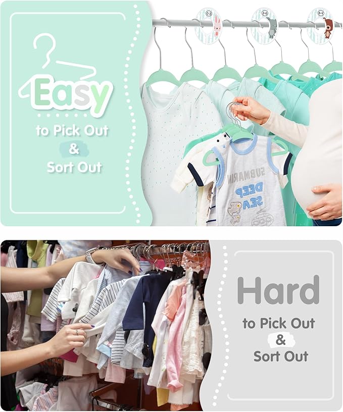VIS'V Baby Hangers, 11 Inch Velvet Kids Hangers with 6 Pcs Clothes Size Dividers, Infant Toddler Nursery Closet Organization, Non Slip, Mint Green, 50 Pcs