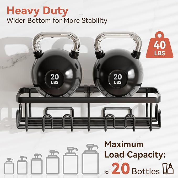 YASONIC Shower Caddy Adhesive 2-Pack, Rustproof Shower Organizer with Holder, No-Drill Shower Shelves for Inside the Shower, Large-Capacity Bathroom Organizers and Storage for Dorms & Renters, Black