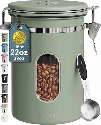 Veken Coffee Canister with Window, Airtight Stainless Steel Kitchen Food Storage Container with Lids, Date Tracker and Scoop for Grounds Coffee, Beans, Tea, Flour, Cereal, Sugar Jars, 22OZ, Green